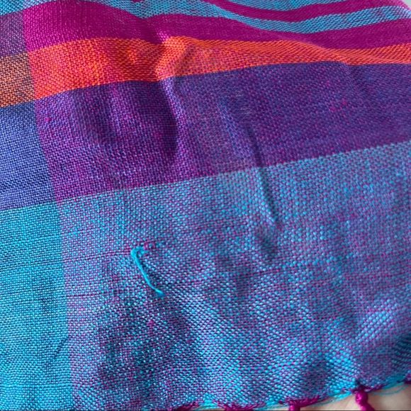 Vintage Echo Square Plaid Scarf Fringe Blue Purple - Picture 6 of 7